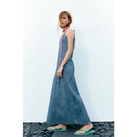 ZARA Denim A-Line Midi / Maxi Dress Spaghetti Straps 100% Cotton Size XS - Picture 5 of 6